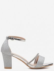 Srebrne sandały na Słupku Ozdobione Cyrkoniami i Brokatem Zapinane na Sprzączkę Wejkis Renee