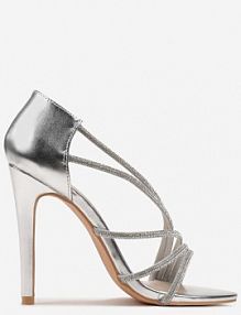 Srebrne Asymetryczne sandały na Szpilce Zdobione Cyrkoniami Aarnia Renee