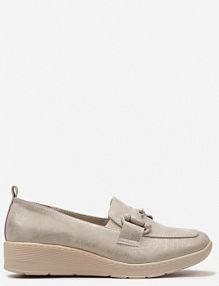 Złote półbuty na Płaskiej Podeszwie z Wkładką ze Skóry Naturalnej Ozdobione Klamrą Kaiadia Renee damskie