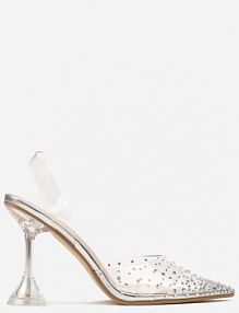 Srebrne sandały z Transparentną Cholewką Ozdobioną Cyrkoniami na Geometrycznym obcasie Cedrella Renee