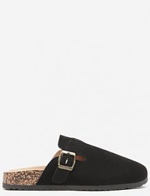 Czarne klapki na Płaskiej Korkowej Podeszwie z Zakrytym Przodem Ozdobione Klamrą Atheine l.day damskie