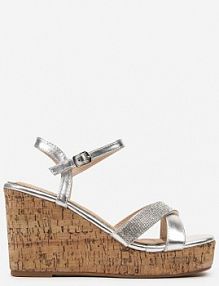 Srebrne sandały na Platformie z Koturnem ze Sprzączką i Błyszczącym Wykończeniem Jianulla Renee