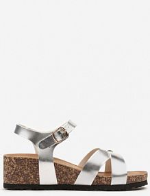 Srebrne sandały na Korkowym Niewysokim Koturnie Wastera Renee