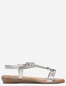 Srebrne Płaskie sandały z Błyszczącą Nicią i Cyrkoniami na Paseczkach Rasadia Renee damskie