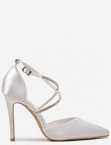 Białe Satynowe szpilki Ozdobione Cyrkoniami na Cienkich Paskach Wynstelle Renee