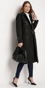 Czarny płaszcz Trencz Dwurzędowy z Plisami z Tyłu i Materiałowym Paskiem Hellie jus de pom damski