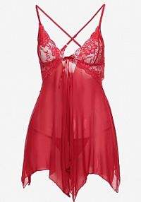 Bordowa koszula nocna na Ramiączkach ze Stringami i Koronką Haliara Born2Be