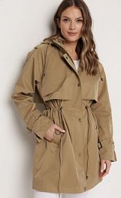 Ciemnobeżowa Kurtka parka Płaszcz z Kapturem Ściągany w Pasie Jukoltta bh forever