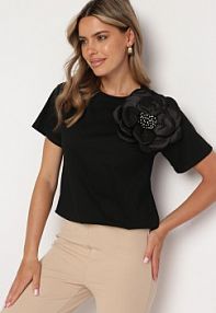 Czarny Bawełniany T-shirt z Krótkim Rękawem i Aplikacją w Kształcie Kwiatu z Cyrkoniami Dimantee Born2Be damska