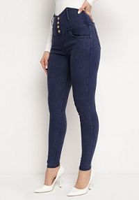 Granatowe spodnie Jeansowe z Wysoką Talią Paper Bag z Guzikami Prilia Born2Be damskie