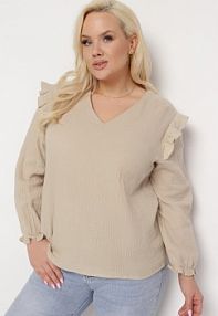 Beżowa bluzka z Bawełny z Długim Rękawem i Falbanką Pixela Born2Be damska