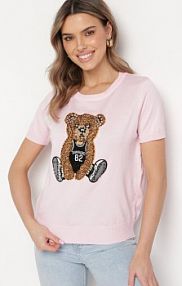 Różowa Wiskozowa bluzka z Wełnianą Naszywką z Misiem i Cyrkoniami Nyphaim Born2Be damska