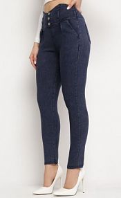 Granatowe Jeansy z Wysoką Talią Paper Bag na Guziki Katarinna Born2Be damskie