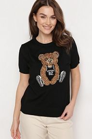 Czarna Wiskozowa bluzka z Wełnianą Naszywką z Misiem i Cyrkoniami Nyphaim Born2Be damska