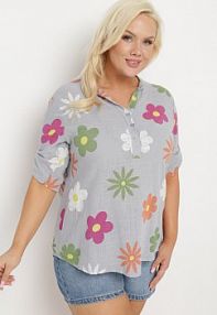 Szara koszula z Lnu i Bawełny w Kwiaty z Krótkim Rękawem Ambubia fashion damska