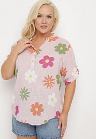 Różowa koszula z Lnu i Bawełny w Kwiaty z Krótkim Rękawem Ambubia fashion damska