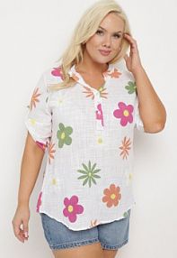 Biała koszula z Lnu i Bawełny w Kwiaty z Krótkim Rękawem Ambubia fashion damska