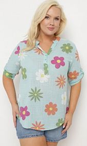 Miętowa koszula z Lnu i Bawełny w Kwiaty z Krótkim Rękawem Ambubia fashion damska