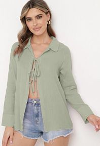 Zielona Bawełniana bluzka z Kołnierzykiem i Wiązaniem z Przodu Abilla Born2Be damska