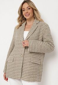 Szaro-Beżowa Marynarka Tweedowa Retro o Jednorzędowym Fasonie Asaretta jus de pom