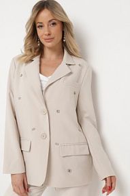 Beżowa Pudełkowa Marynarka z Kieszeniami i Ozdobnymi Literkami Keletia jus de pom