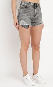 Szare jeansowe Bawełniane szorty z Wysokim Stanem i Wystrzępionymi Nogawkami Ozdobione Cyrkoniami Moara Born2Be