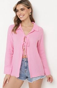 Różowa Bawełniana bluzka z Kołnierzykiem i Wiązaniem z Przodu Abilla Born2Be damska