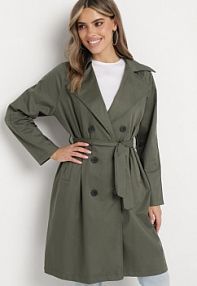 Ciemnozielony płaszcz Dwurzędowy Typu Trencz z Wiązanym Paskiem Levita Born2Be damski
