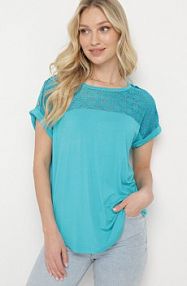 Niebieska Ażurowa bluzka z Wiskozy Ozdobiona Guzikami Elloria fashion damska