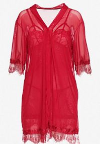 Czerwony Komplet z Siateczki koszula nocna na Regulowanych Ramiączkach Szlafrok Stringi Relira love you forever