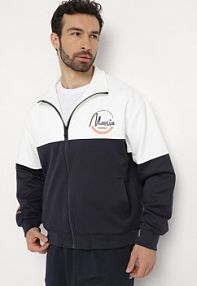 Biało-Granatowa kurtka Dresowa z Wysokim Kołnierzem i Nadrukiem Lwanes Born2Be damska