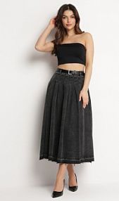 Czarna spódnica Jeansowa Rozkloszowana z Paskiem z Ekoskóry Nalier Born2Be