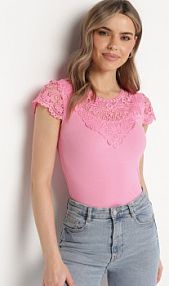 Różowy Prążkowany t-shirt z Koronkową Wstawką Glilama fashion damski