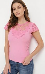 Różowa Koszulka t-shirt z Koronką na Rękawach i Dekolcie Aines fashion damski
