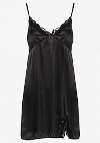 Czarna Satynowa koszula nocna z Koronką i Ozdobnym Wycięciem Mivena Born2Be