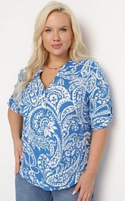 Niebiesko-Biała Wiskozowa bluzka o Luźnym Kroju z Guzikami w Print Paisley Zirlana Born2Be damska