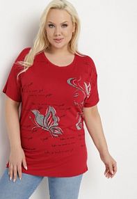 Bordowy t-shirt Ozdobiony Cyrkoniami i Nadrukiem Wallilena fashion damski