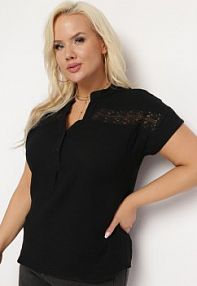 Czarna Bawełniana bluzka z Guzikami i Ozdobną Siateczką Doriale Born2Be damska