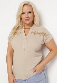 Beżowa Bawełniana bluzka z Guzikami i Ozdobną Siateczką Doriale Born2Be damska