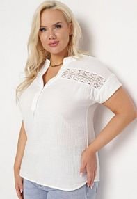 Biała Bawełniana bluzka z Guzikami i Ozdobną Siateczką Doriale Born2Be damska
