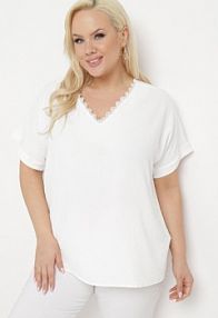 Biała bluzka z Trójkątnym Dekoltem z Ozdobnym Paskiem na Karku Phillirea Born2Be damska