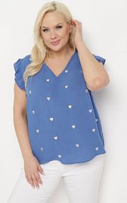 Niebieska bluzka Top z Falbankami Przy Ramionach w Serduszkowy Wzór Salixia Born2Be damska