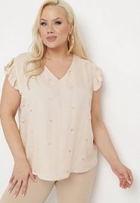 Beżowa bluzka Top z Falbankami Przy Ramionach w Serduszkowy Wzór Salixia Born2Be damska