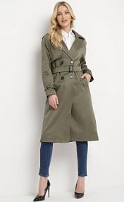 Ciemnozielony Długi płaszcz Trencz o Klasycznym Fasonie z Paskiem Nasde Born2Be damski