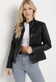 Czarna Kurtka ramoneska Taliowana z Ekoskóry Zapinana pod Szyją Ternia j.style