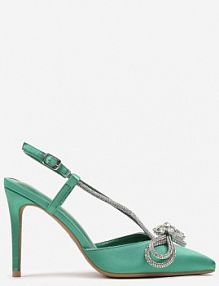 Zielone Satynowe sandały na Szpilce z Biżuteryjnymi Zdobieniami i Kokardką Missania Renee
