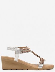 Srebrne Wsuwane sandały na Koturnie Ozdobione Koralikami i Cyrkoniami Eladawn Renee