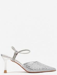 Srebrne sandały Slingback na Szpilce ze Szpiczastym Noskiem z Cyrkoniami Dimena Renee