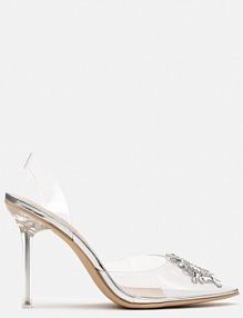 Srebrne Transparentne sandały na obcasie z Silikonowym Noskiem z Biżuteryjną Klamrą Groolia Renee