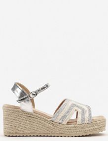 Srebrne sandały na Koturnie Zdobione Metaliczną Nicią Zapinane Wokół Kostki Tulolia Renee